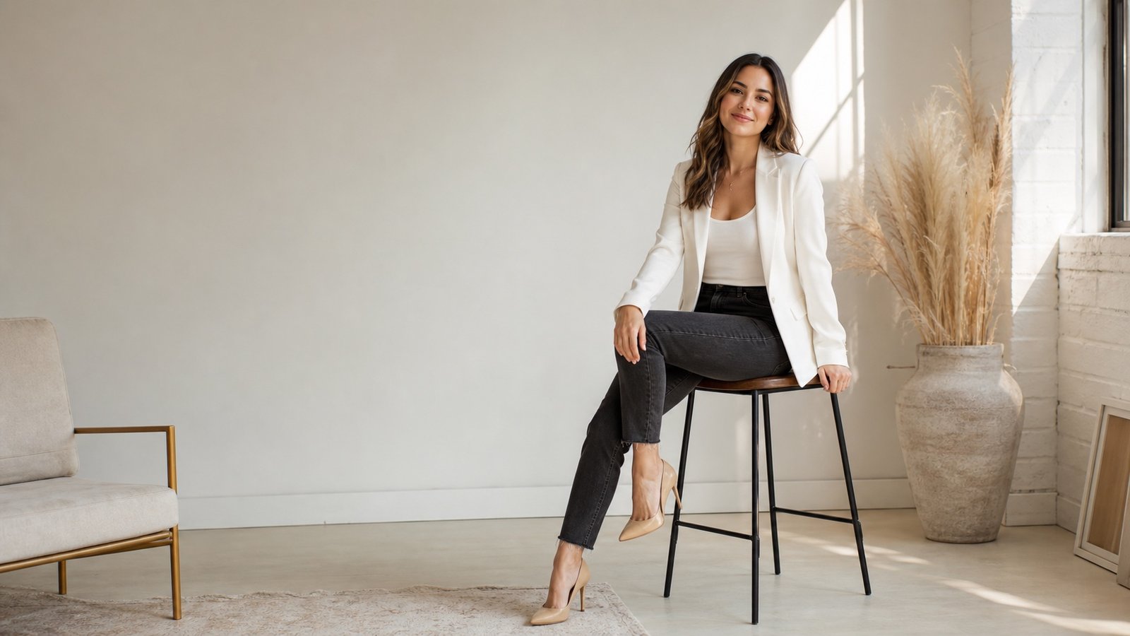 Beginner friendly seated pose in a bright studio