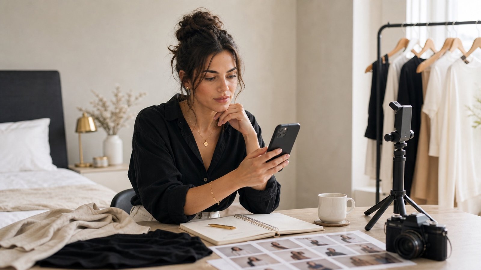Photo shoot planning setup with phone and outfit pieces