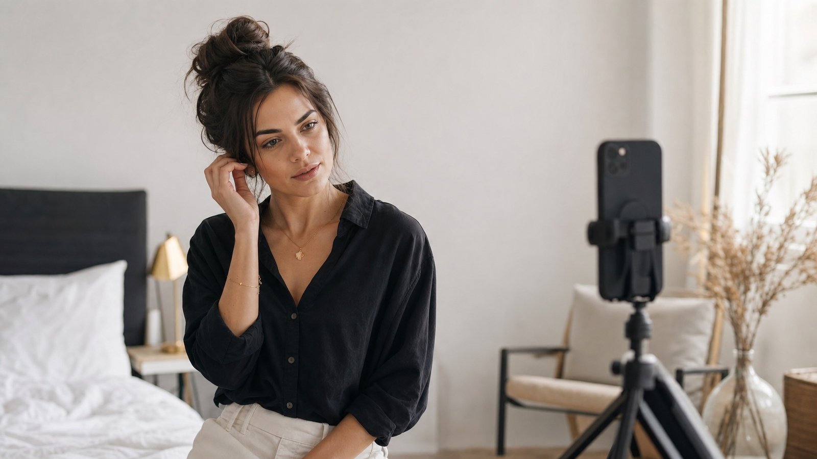 Person preparing for a self portrait with a phone tripod