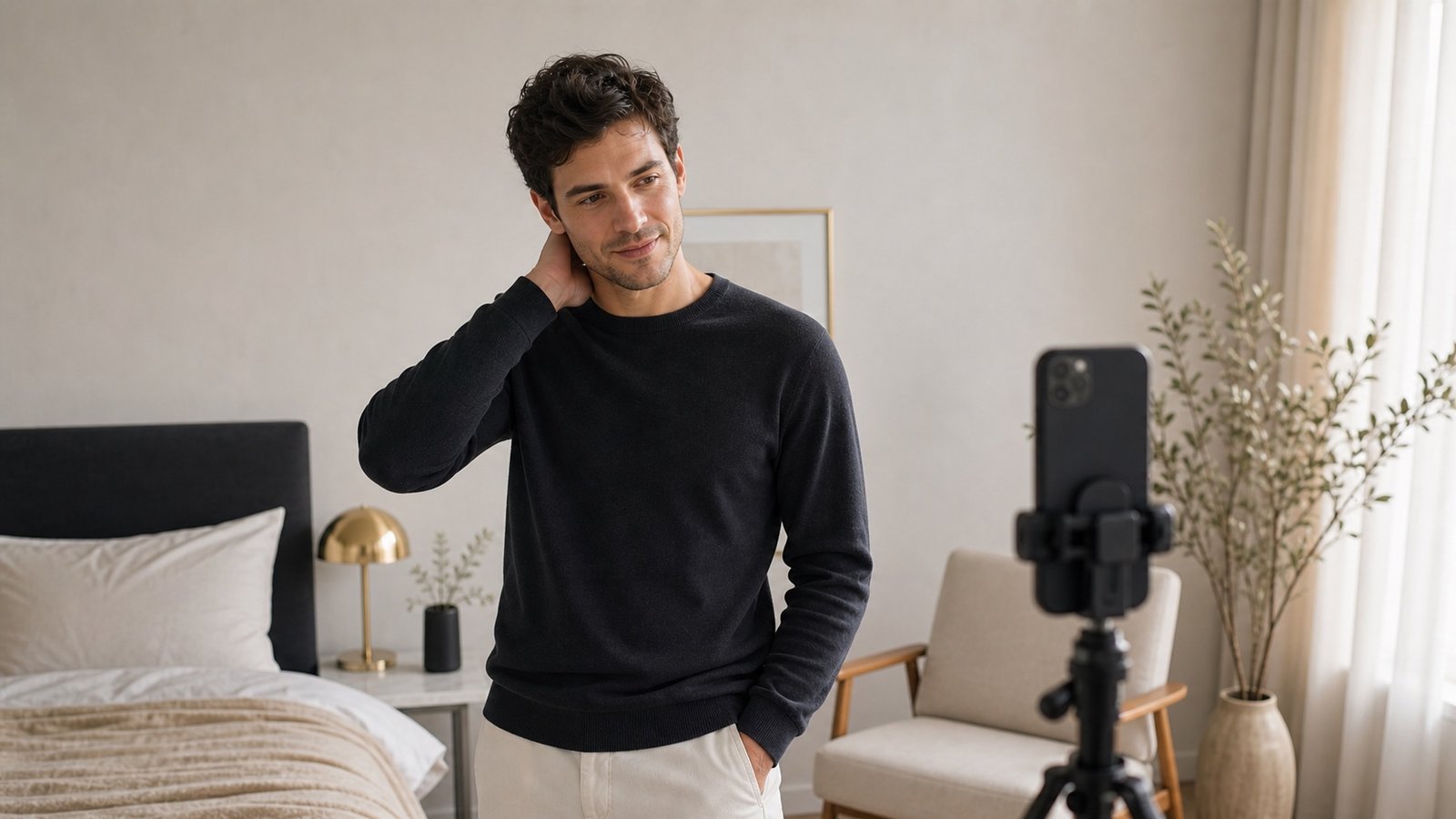 Camera-shy man practicing a simple pose at home with a phone tripod