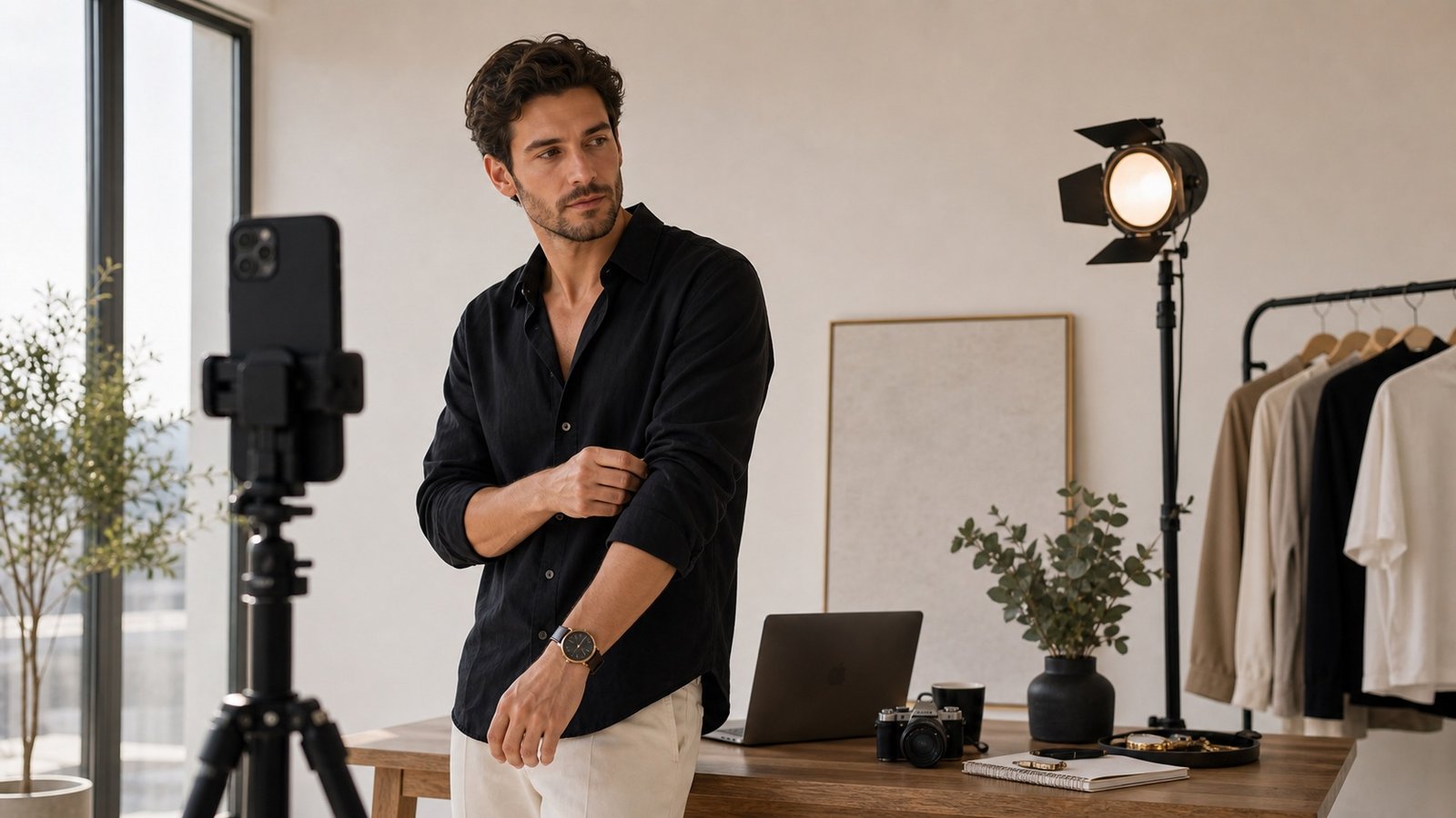 Male content creator preparing a phone shoot in a clean studio