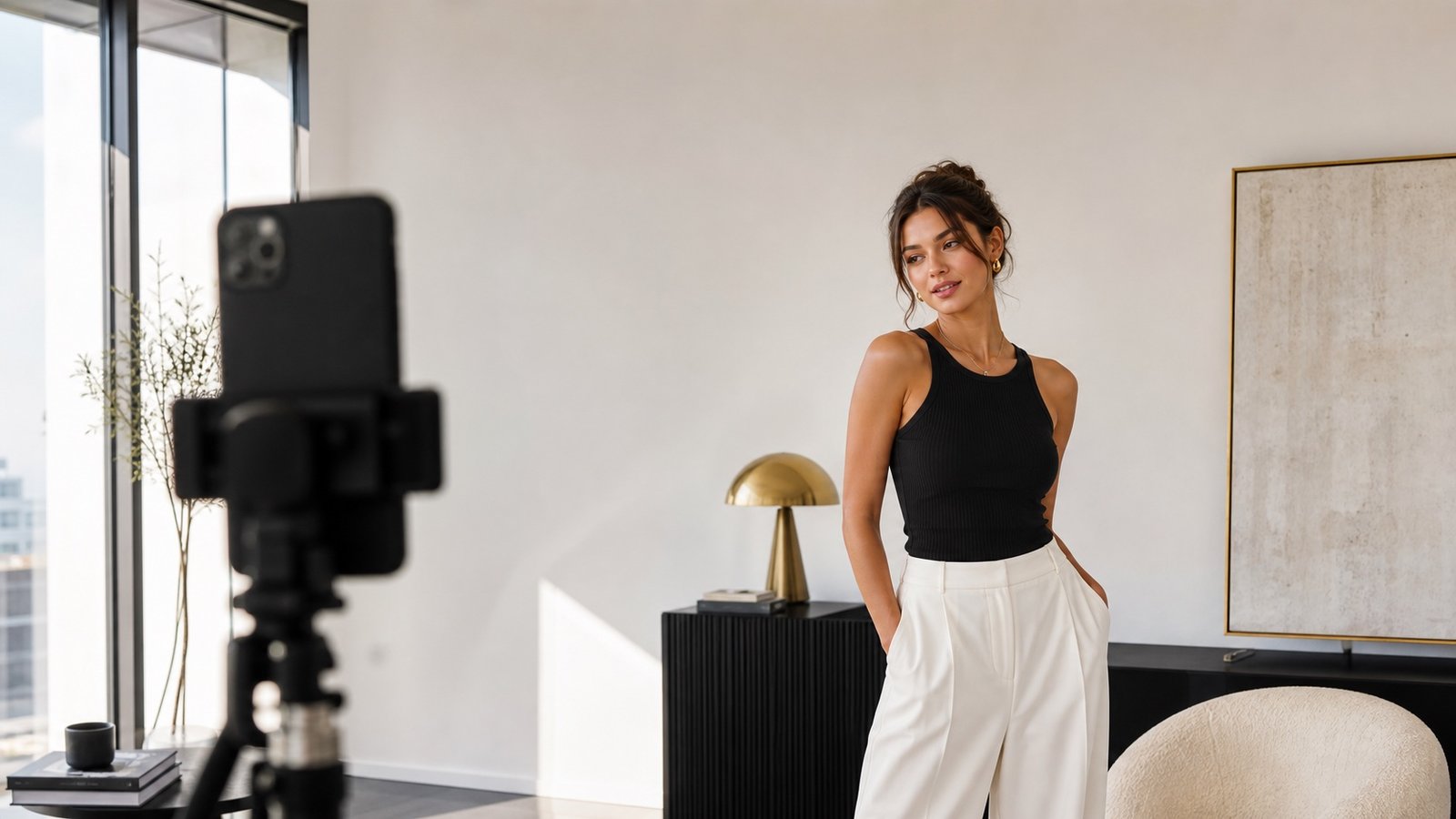 Person posing confidently in front of a phone camera setup