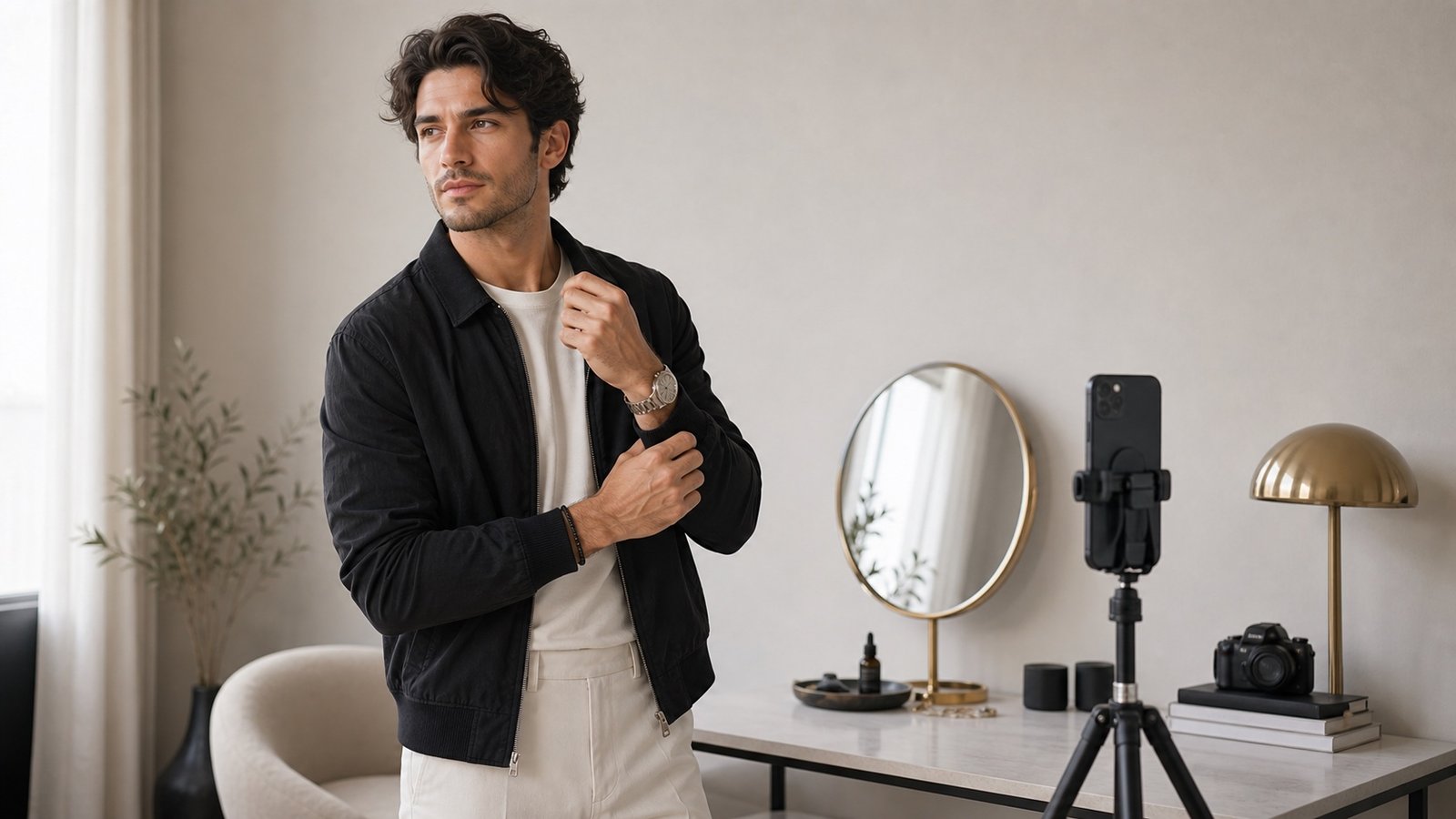 Man adjusting his jacket in a clean studio with a phone camera setup