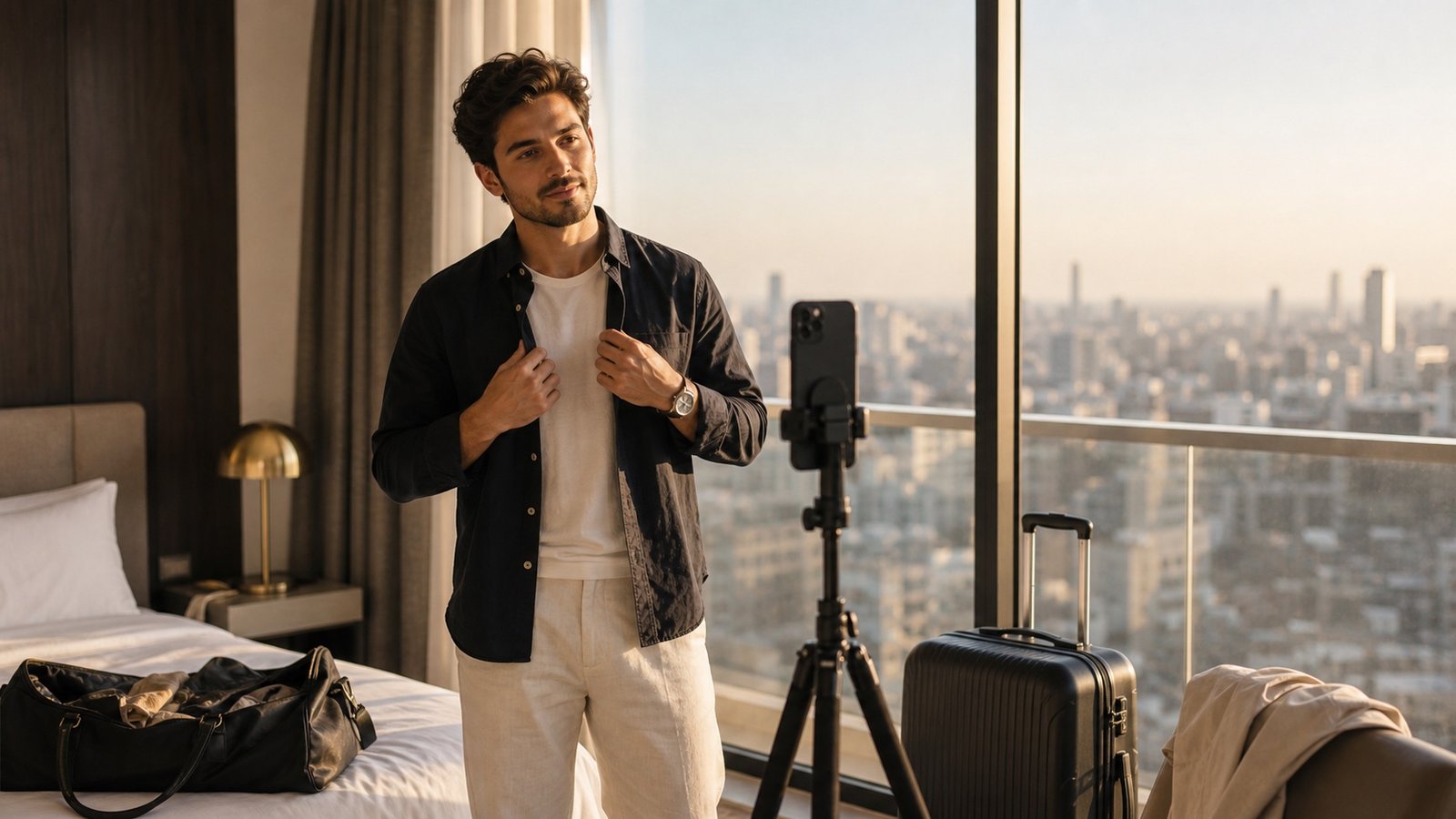 Man preparing a solo travel photo with a compact phone tripod