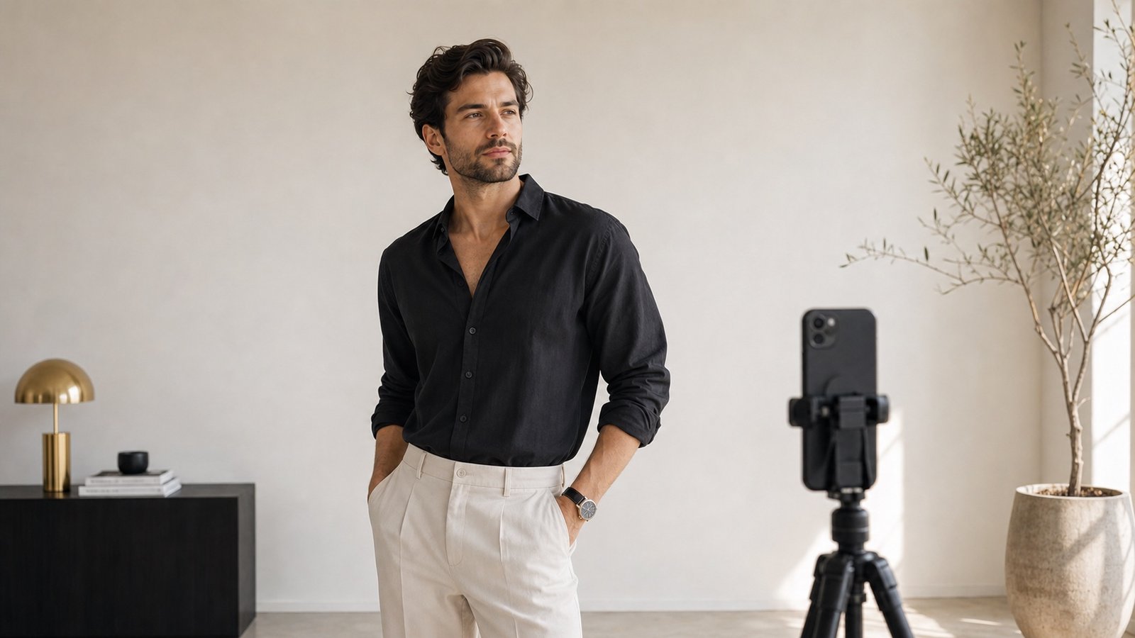 Man standing with confident posture near a phone tripod